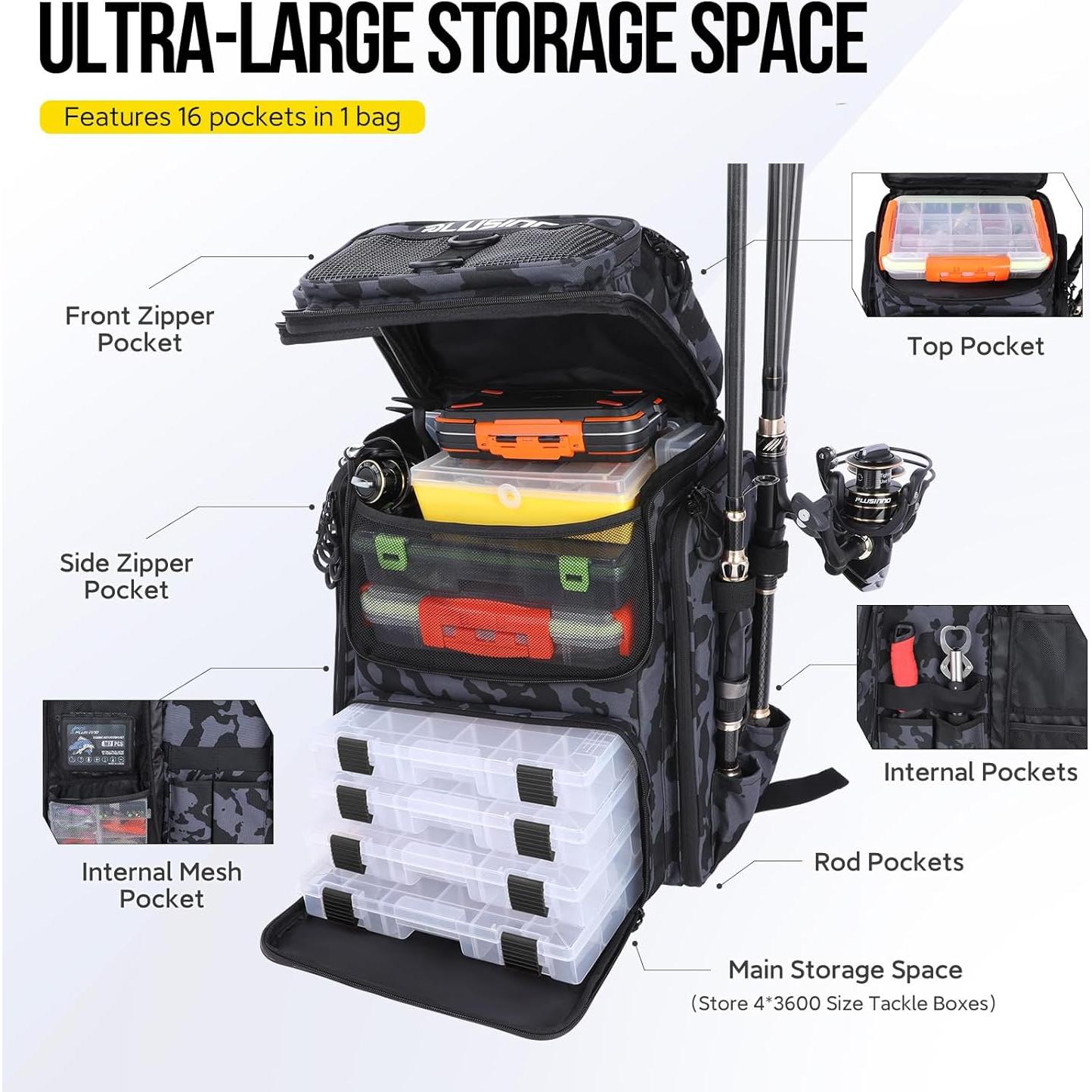 Mochila de Pesca PLUSINNO 42L Impermeable con 16 Bolsillos