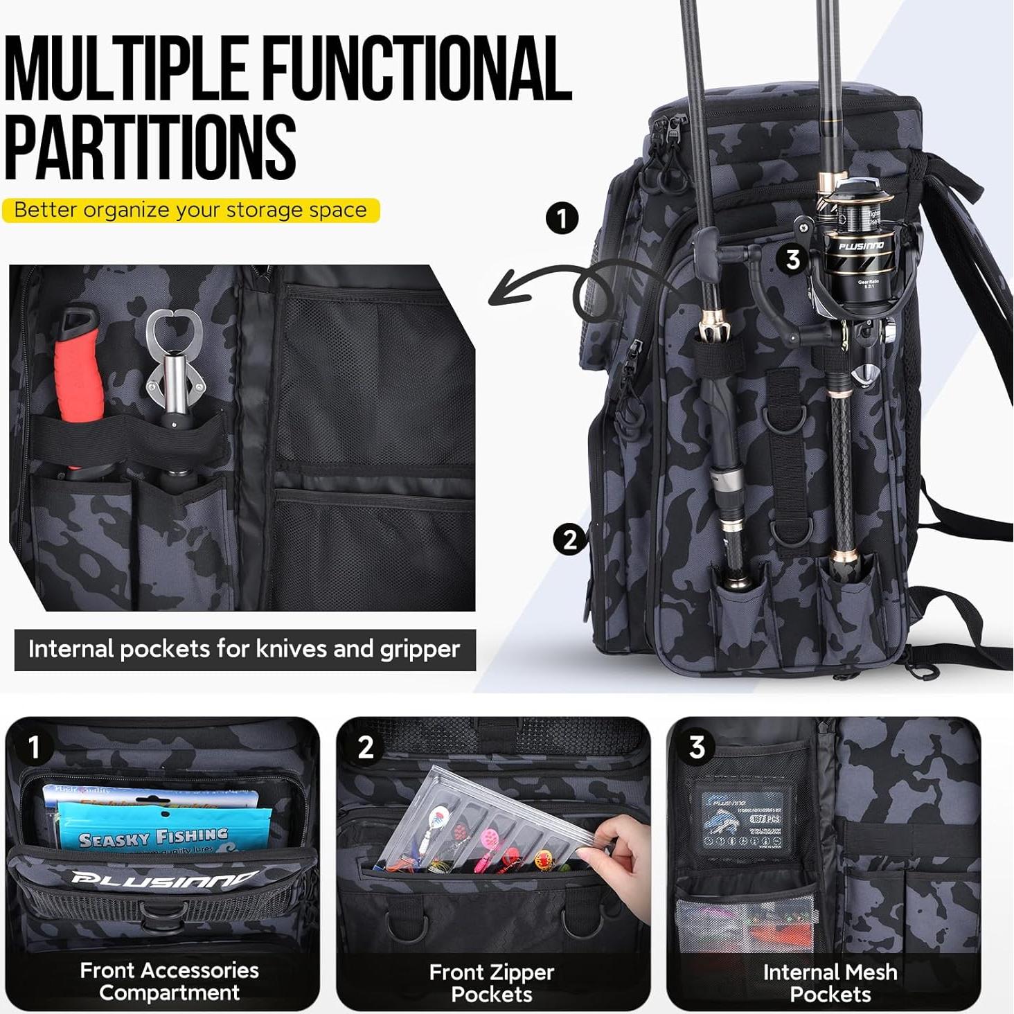 Mochila de Pesca PLUSINNO 42L Impermeable con 16 Bolsillos