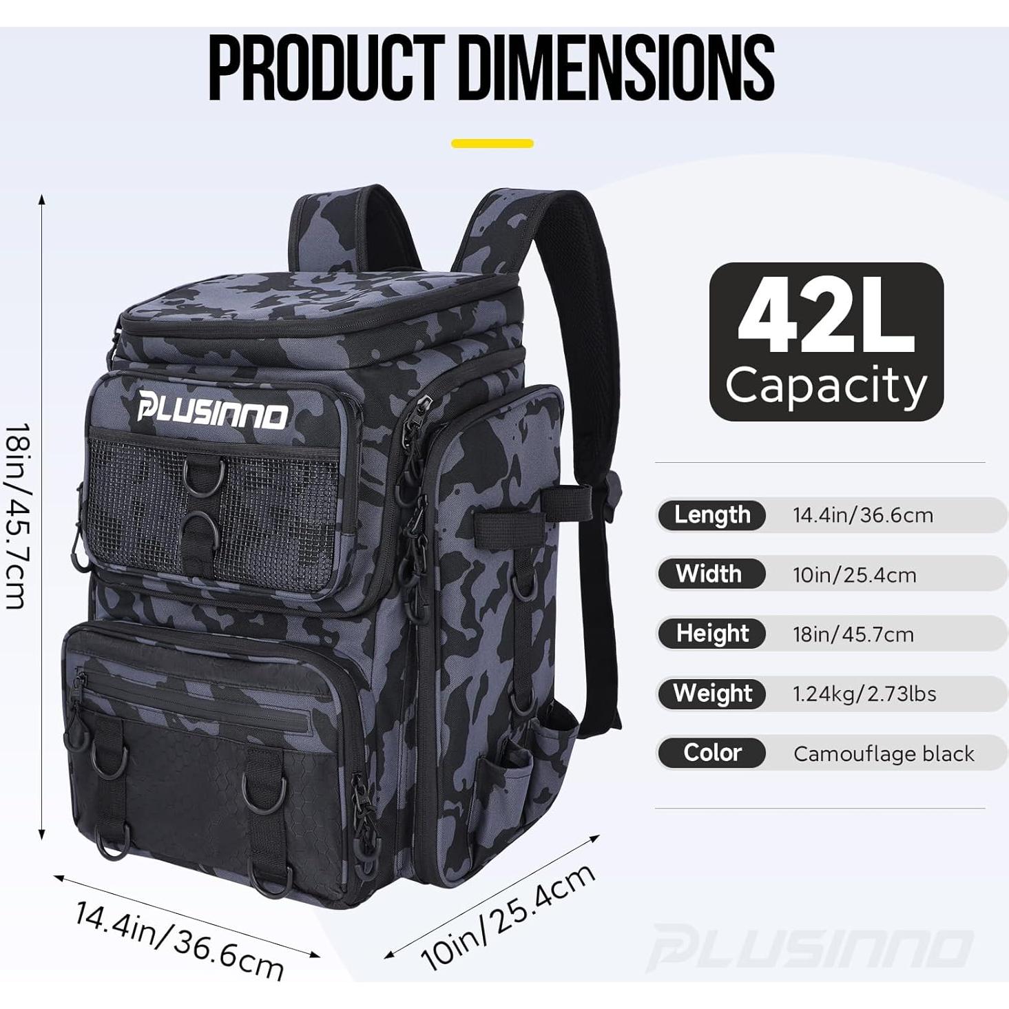 Mochila de Pesca PLUSINNO 42L Impermeable con 16 Bolsillos