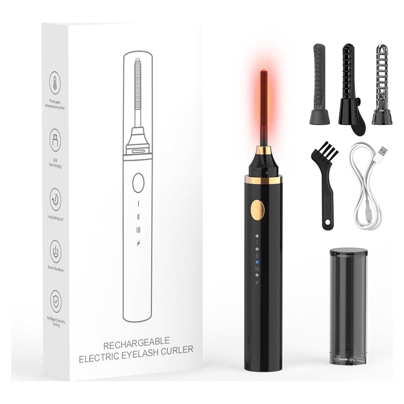 Smiling Shark Heated Eyelash Curler, 2025 New 360°Wand-Style Heated Lash Brush Rechargeable with 3 Brush Heads & 3 Temp 【Lengthen/Define/Curler】 3-in-1 Lash Curler for All Types of Lashes, Black