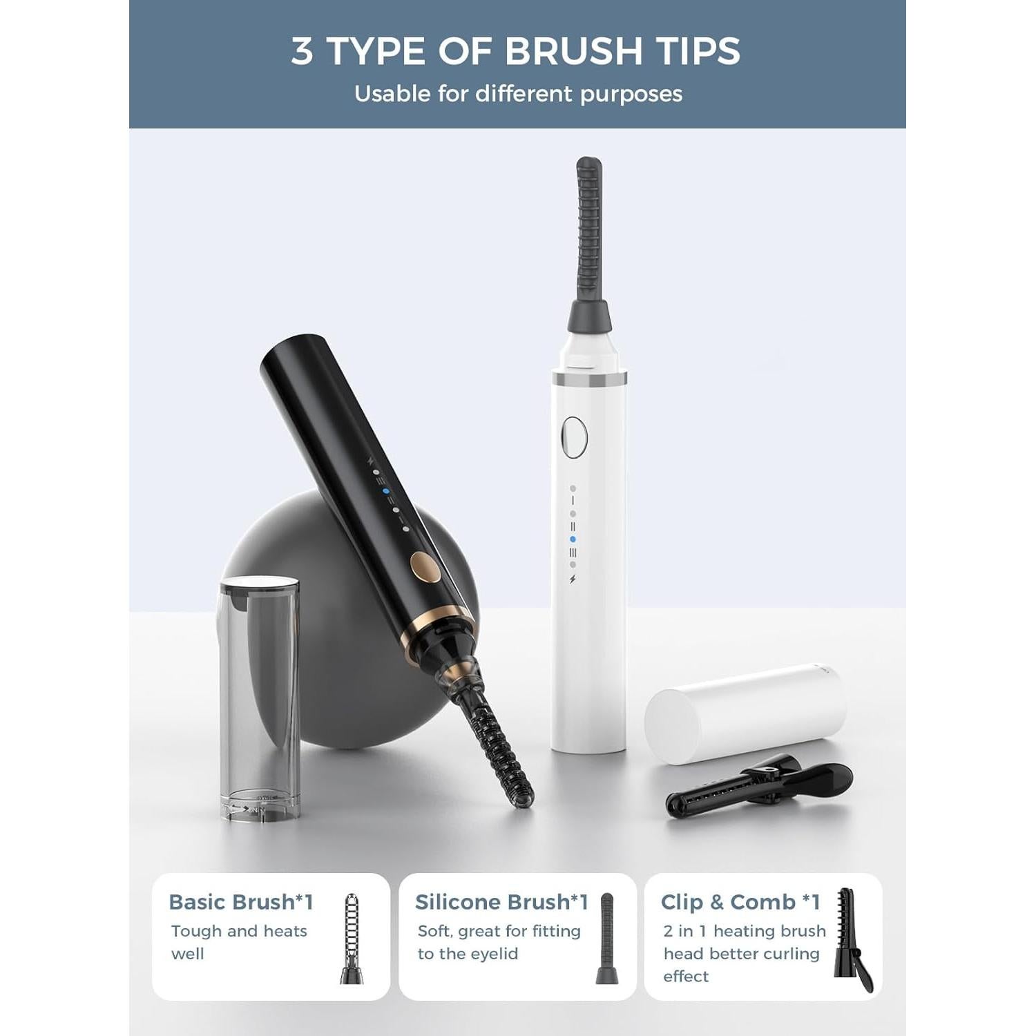 Smiling Shark Heated Eyelash Curler, 2025 New 360°Wand-Style Heated Lash Brush Rechargeable with 3 Brush Heads & 3 Temp 【Lengthen/Define/Curler】 3-in-1 Lash Curler for All Types of Lashes, Black