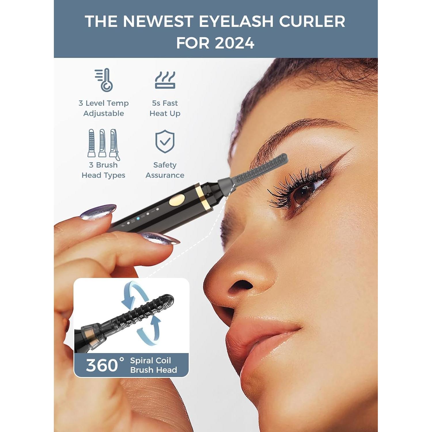 Smiling Shark Heated Eyelash Curler, 2025 New 360°Wand-Style Heated Lash Brush Rechargeable with 3 Brush Heads & 3 Temp 【Lengthen/Define/Curler】 3-in-1 Lash Curler for All Types of Lashes, Black