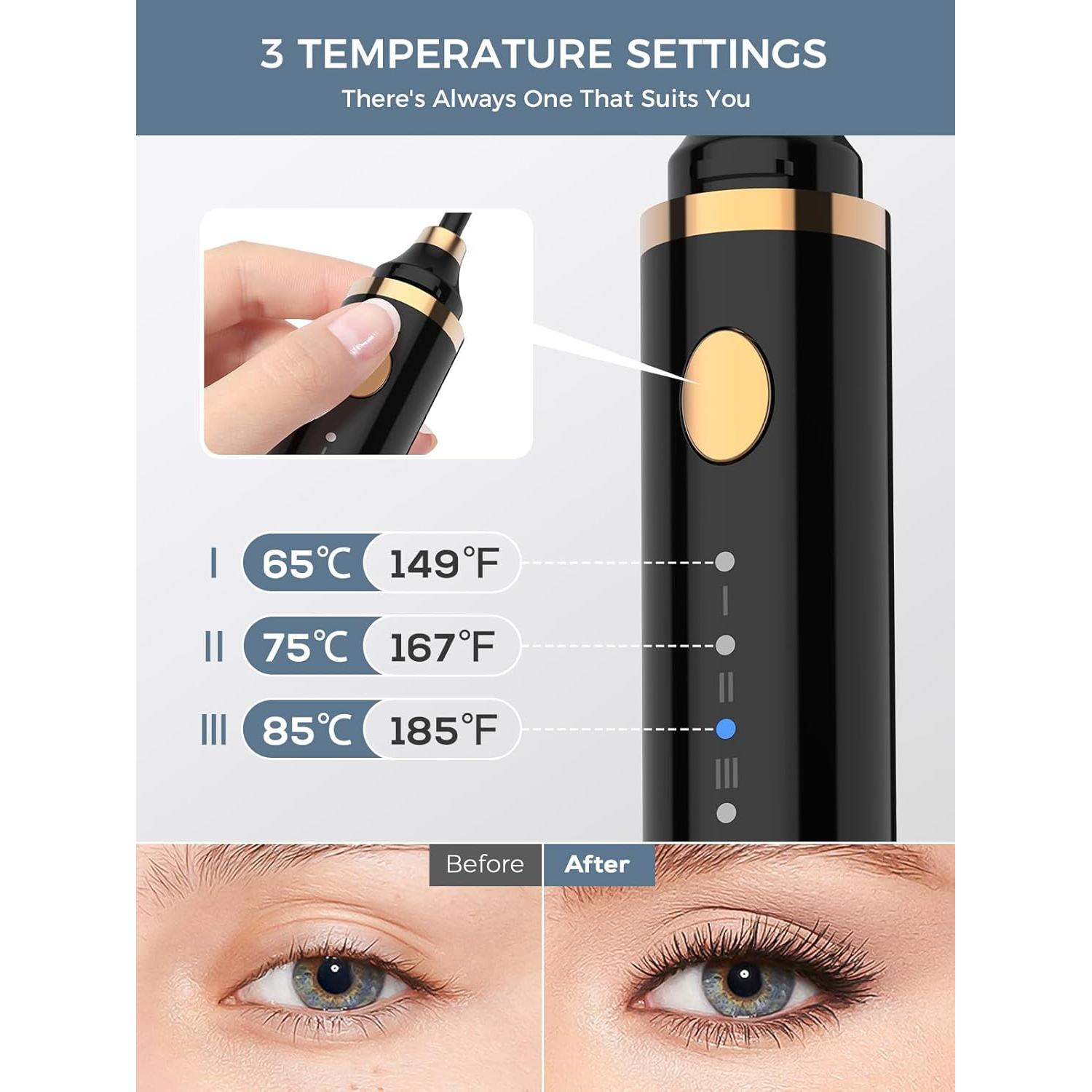 Smiling Shark Heated Eyelash Curler, 2025 New 360°Wand-Style Heated Lash Brush Rechargeable with 3 Brush Heads & 3 Temp 【Lengthen/Define/Curler】 3-in-1 Lash Curler for All Types of Lashes, Black