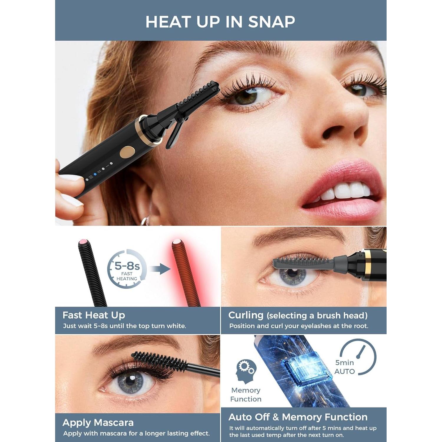 Smiling Shark Heated Eyelash Curler, 2025 New 360°Wand-Style Heated Lash Brush Rechargeable with 3 Brush Heads & 3 Temp 【Lengthen/Define/Curler】 3-in-1 Lash Curler for All Types of Lashes, Black