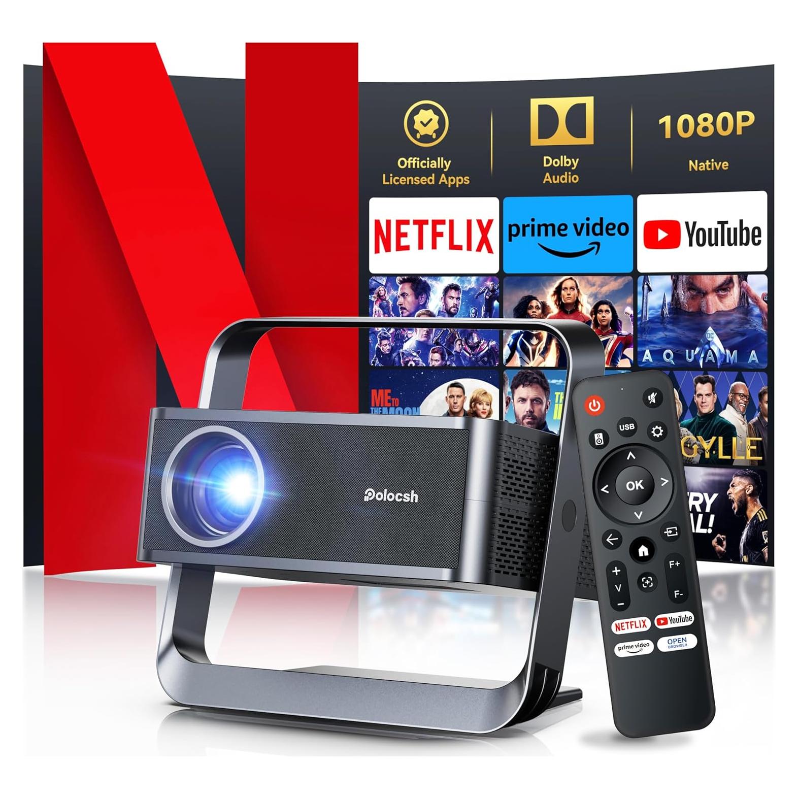 [Netflix Licensed & Native 1080P] Polocsh 4K Projector with WIFI 6 and Bluetooth, 1000ANSI Smart Projector with Auto Keystone Protable Projectors Home Theater Movie Outdoor Mini Proyector