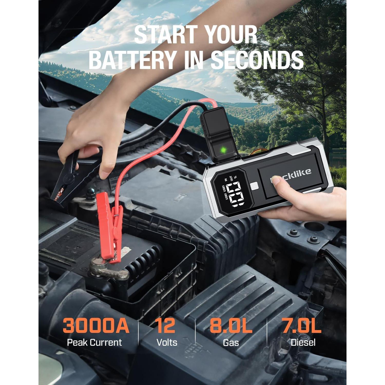 Lucklike Arrancador de Batería 3000A 12V con Luz LED