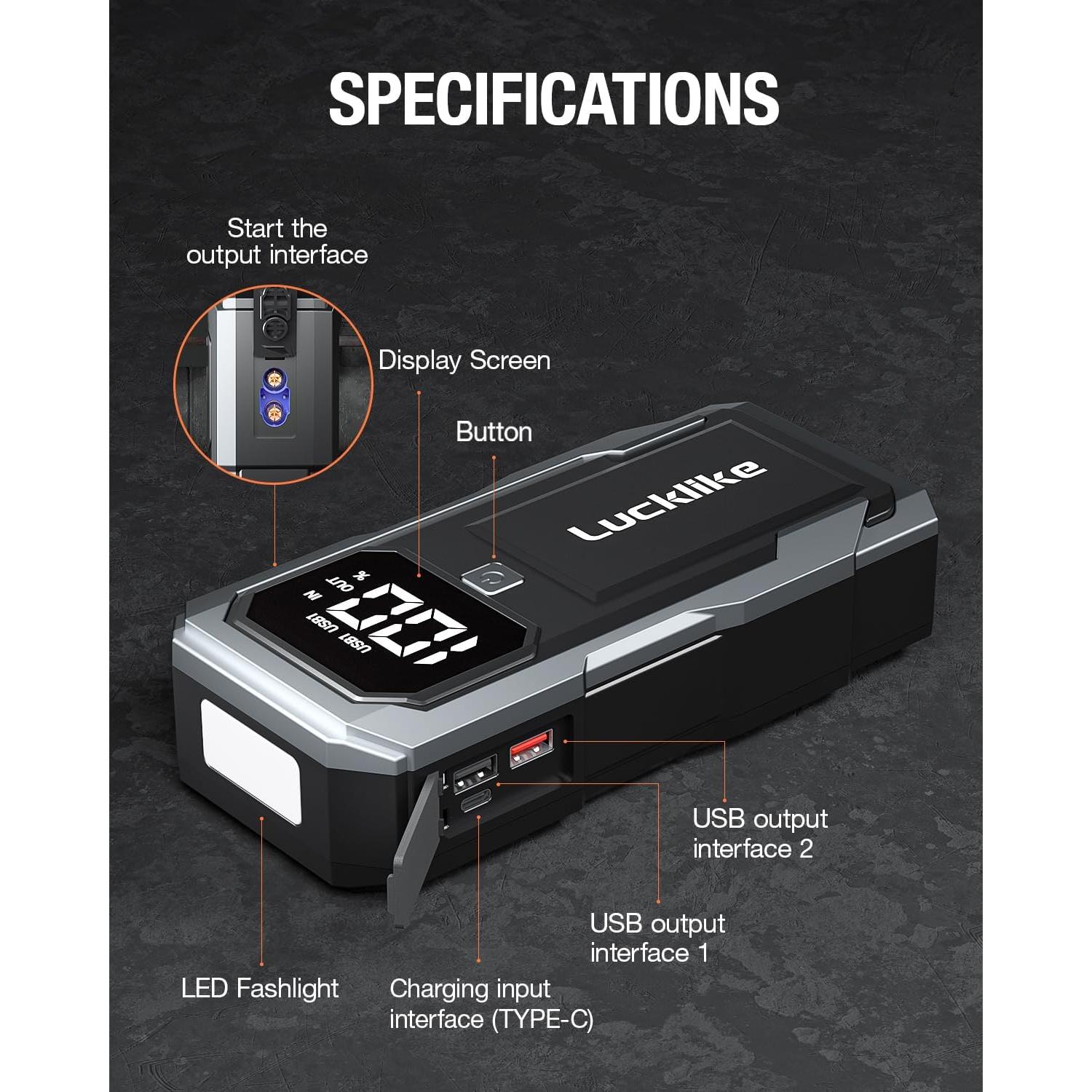 Lucklike Arrancador de Batería 3000A 12V con Luz LED