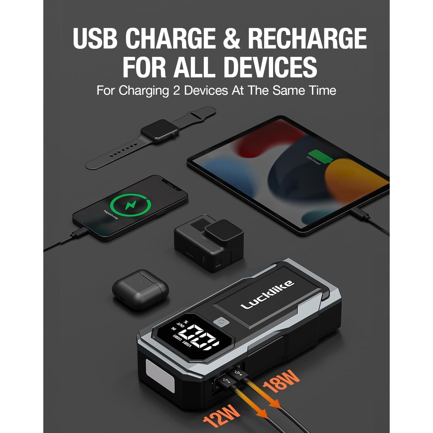 Lucklike Arrancador de Batería 3000A 12V con Luz LED