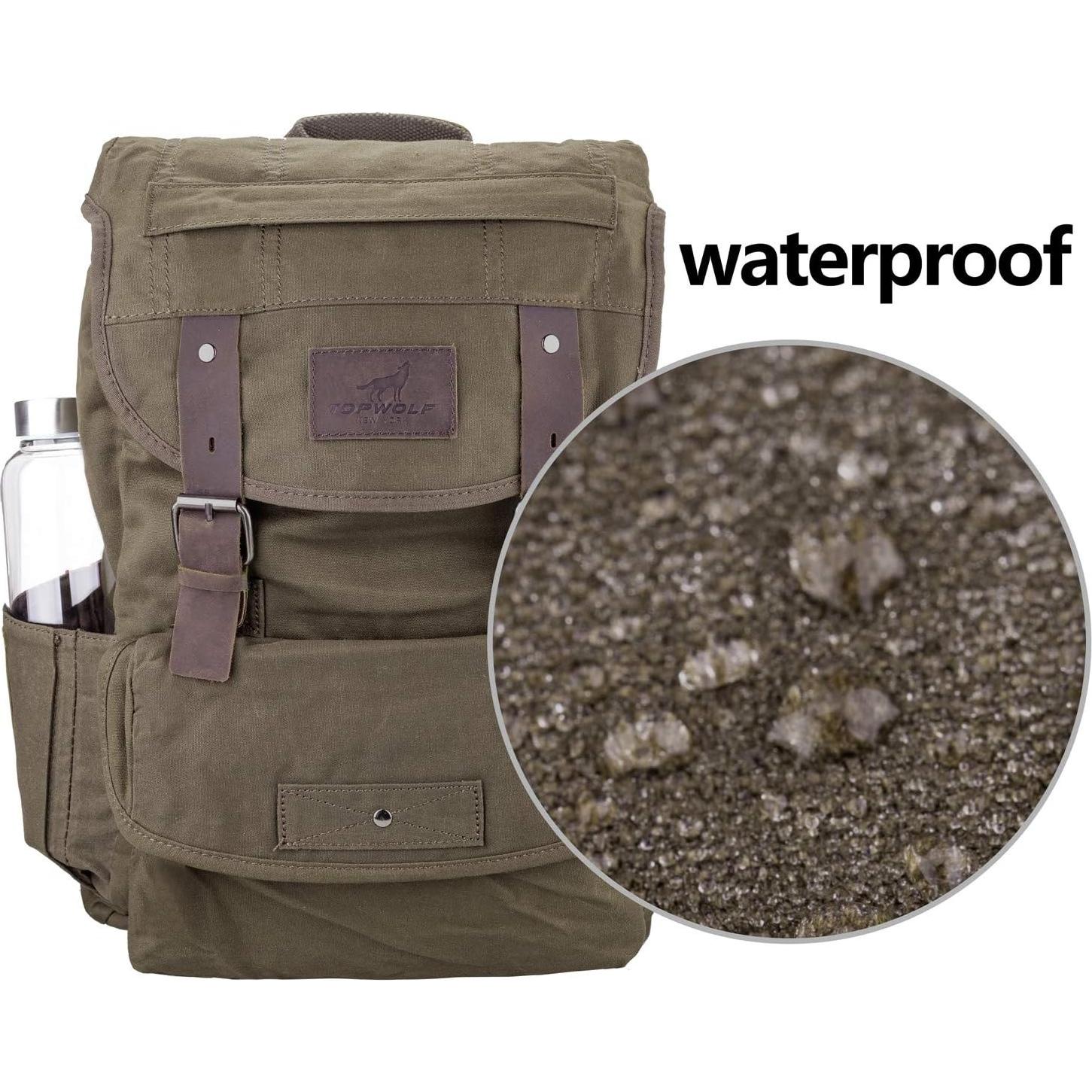 Mochila Impermeable Lona Verde Rucksack Cuero 41x30x15 cm