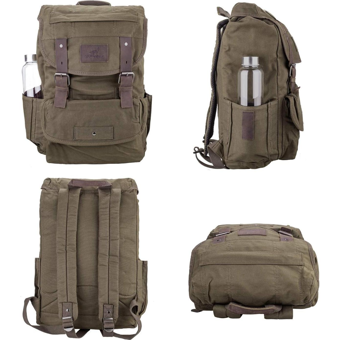 Mochila Impermeable Lona Verde Rucksack Cuero 41x30x15 cm