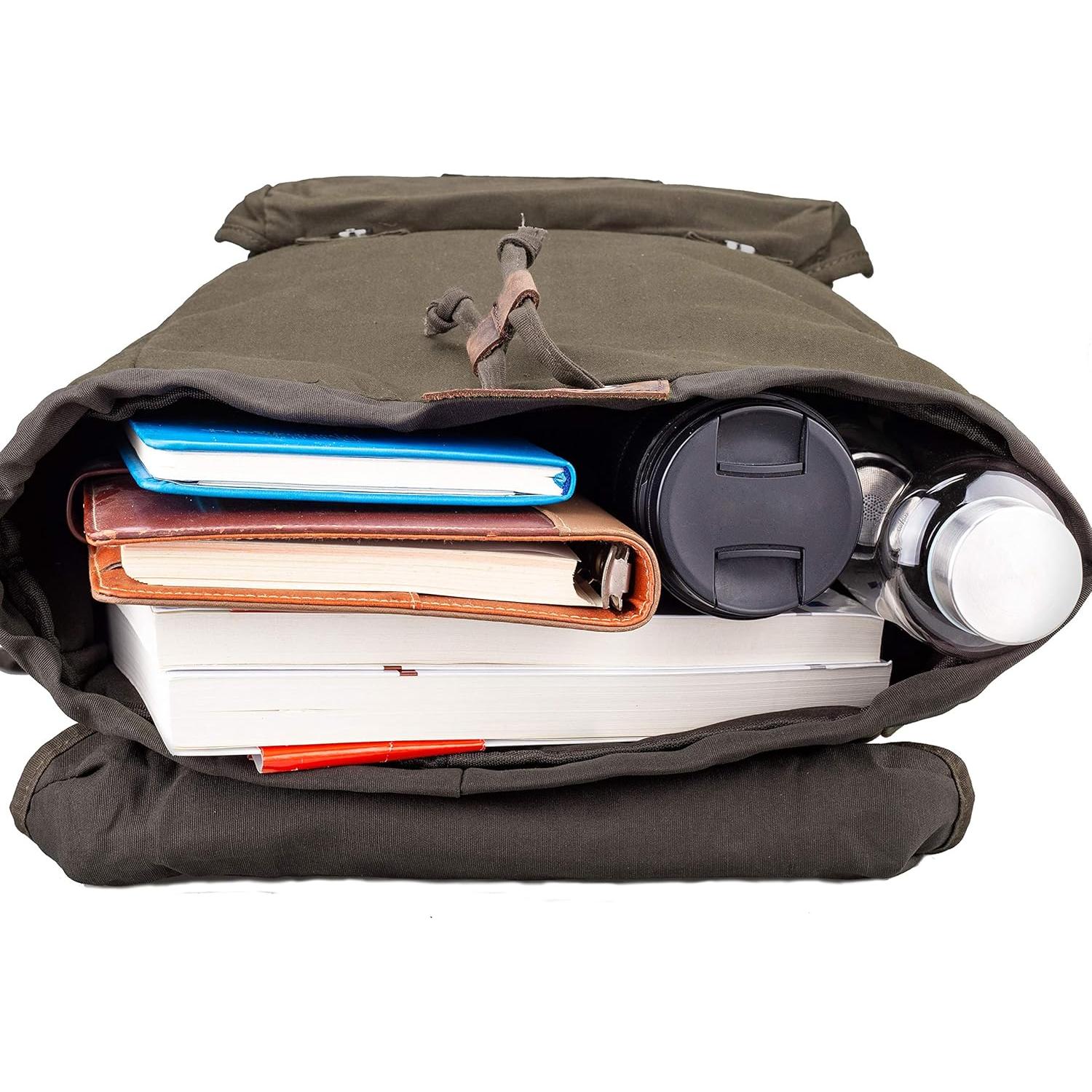 Mochila Impermeable Lona Verde Rucksack Cuero 41x30x15 cm