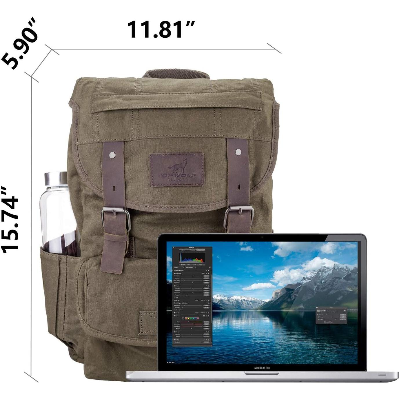 Mochila Impermeable Lona Verde Rucksack Cuero 41x30x15 cm