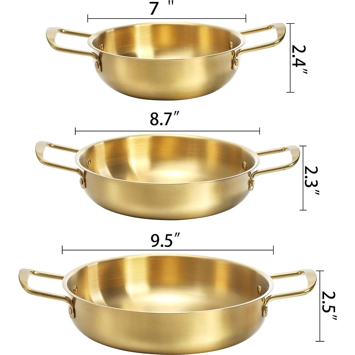 Okllen Set of 3 Korean Ramen Noodle Pot with Handles, Stainless Steel Everyday Pan, Golden Korean Cooking Pot for Soup, Noodle, Pasta, Home and Outdoor, Dishwasher Safe, Size 7", 8.7", 9.5"