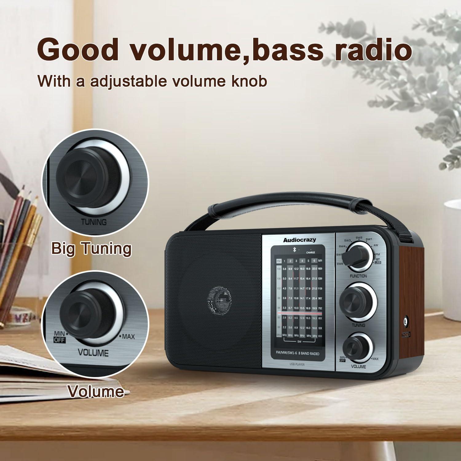 Radio portátil AM FM Audiocrazy con Bluetooth y ranura SD/USB