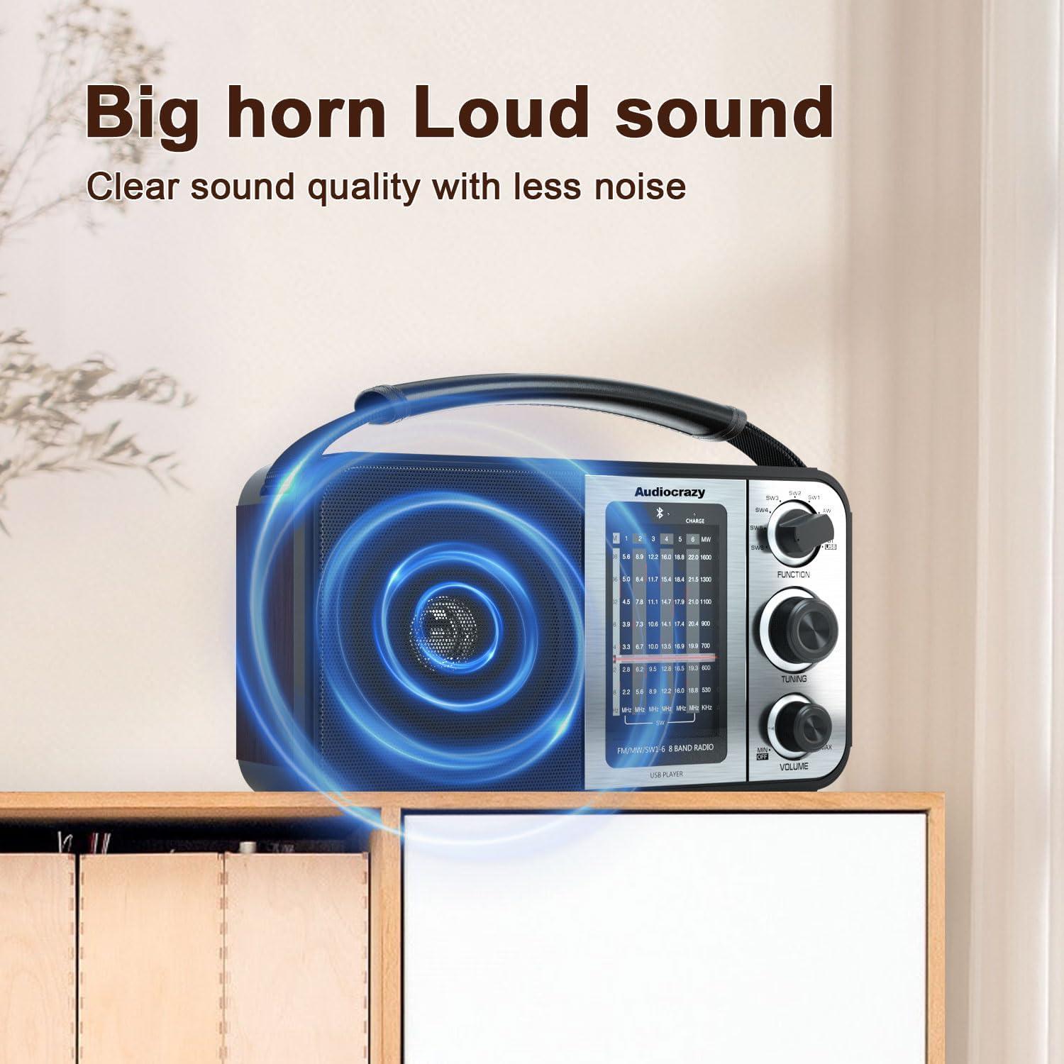 Radio portátil AM FM Audiocrazy con Bluetooth y ranura SD/USB