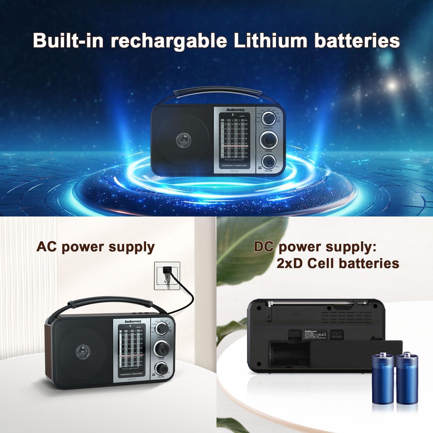 Radio portátil AM FM Audiocrazy con Bluetooth y ranura SD/USB