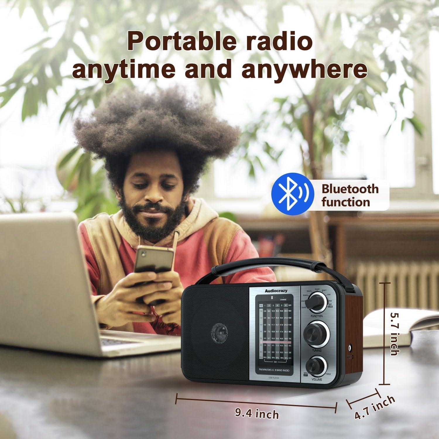 Radio portátil AM FM Audiocrazy con Bluetooth y ranura SD/USB