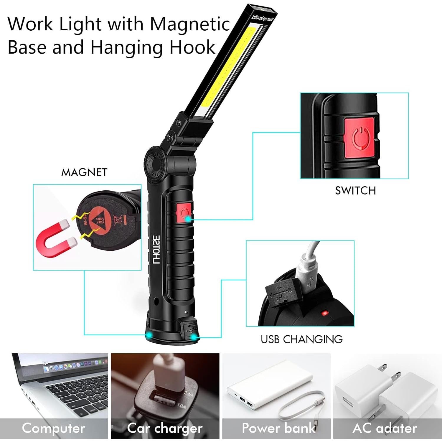 Luz de Trabajo LED LHOTSE Recargable 360° con Gancho y Base Magnética - 2 Paquetes