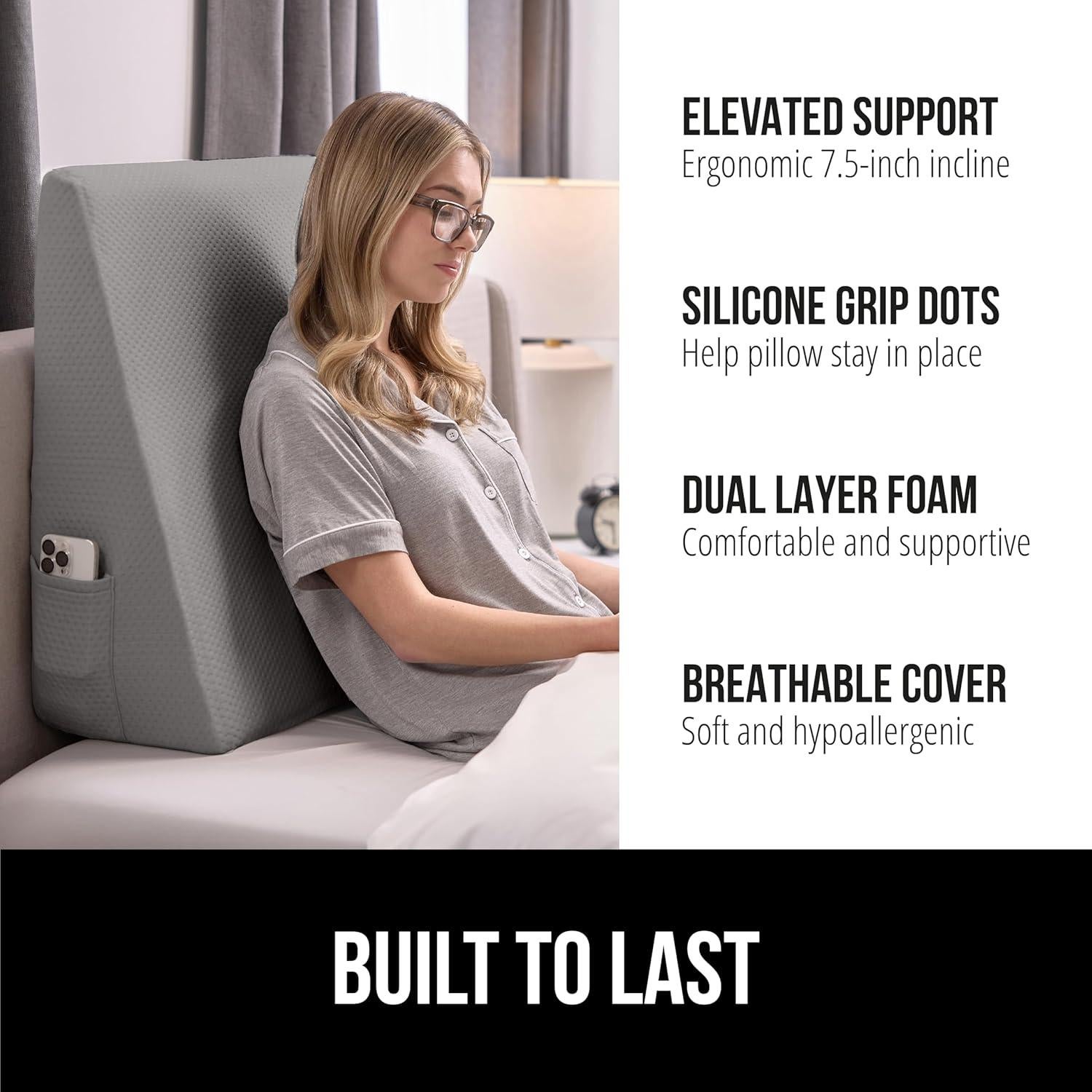 GORILLA GRIP Bed Wedge Pillow for Sleeping, Soft Dual Layer Memory Foam, Stay in Place Dots, Breathable, Ergonomic Headboard Triangle Sleep Support, Reading Elevation Anti Snoring, 7.5in Soft Gray