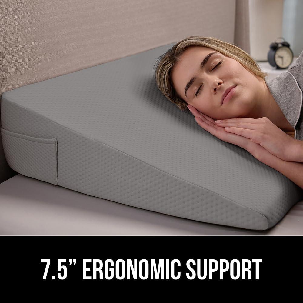 GORILLA GRIP Bed Wedge Pillow for Sleeping, Soft Dual Layer Memory Foam, Stay in Place Dots, Breathable, Ergonomic Headboard Triangle Sleep Support, Reading Elevation Anti Snoring, 7.5in Soft Gray