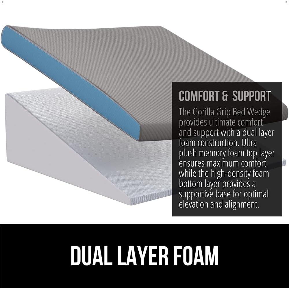 GORILLA GRIP Bed Wedge Pillow for Sleeping, Soft Dual Layer Memory Foam, Stay in Place Dots, Breathable, Ergonomic Headboard Triangle Sleep Support, Reading Elevation Anti Snoring, 7.5in Soft Gray