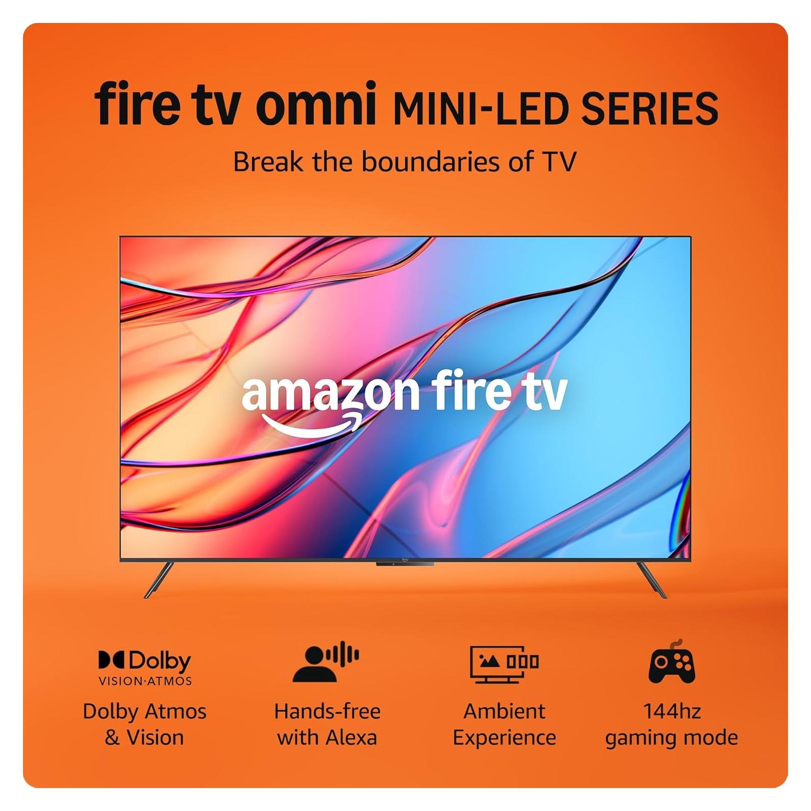 Amazon Fire TV 55" Omni Mini-LED Series, QLED 4K UHD smart TV, Dolby Vision IQ, 144hz gaming mode, Ambient Experience, hands-free with Alexa, 2024 release
