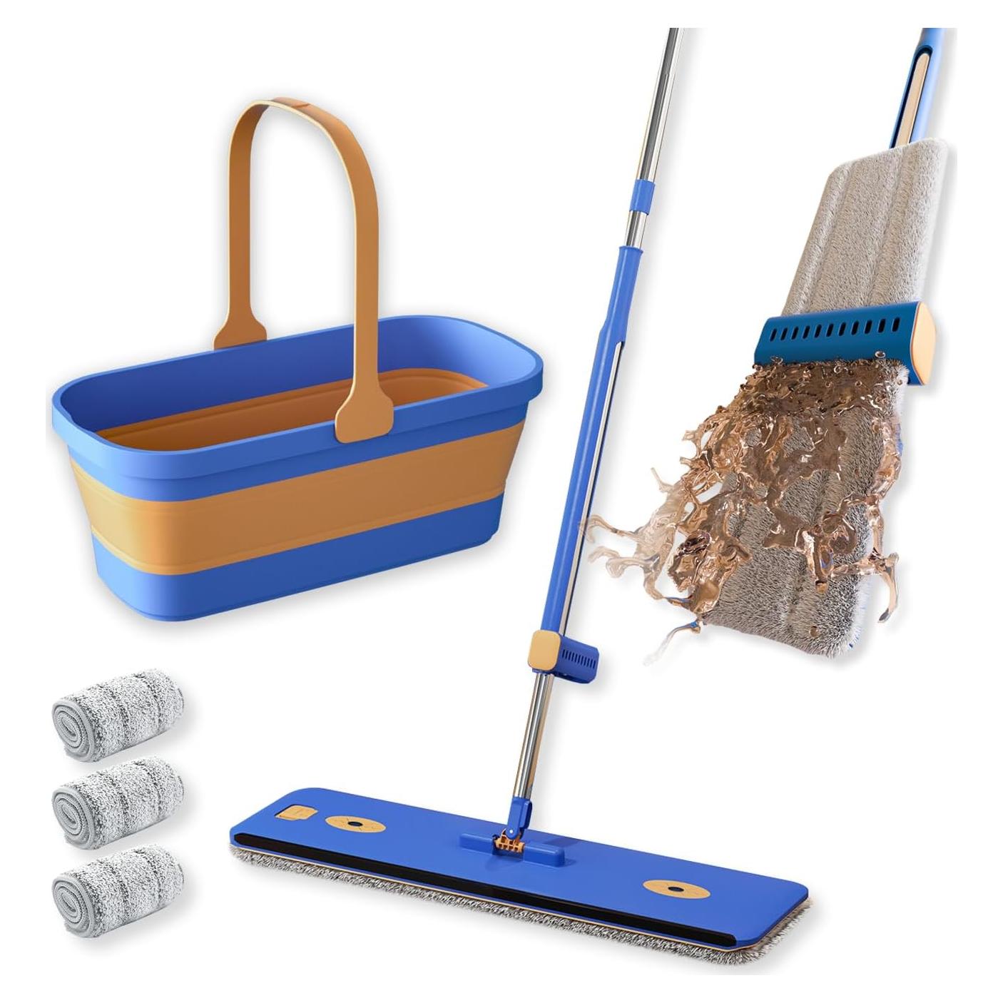 16.5" Microfiber Self Wringing Flat Mop,Wet Dry Mops for Cleaning Floors,55" Long Handle Mop for Wall Cleaner with Squeegee(3 Microfiber Pads & Collapsible Bucket)