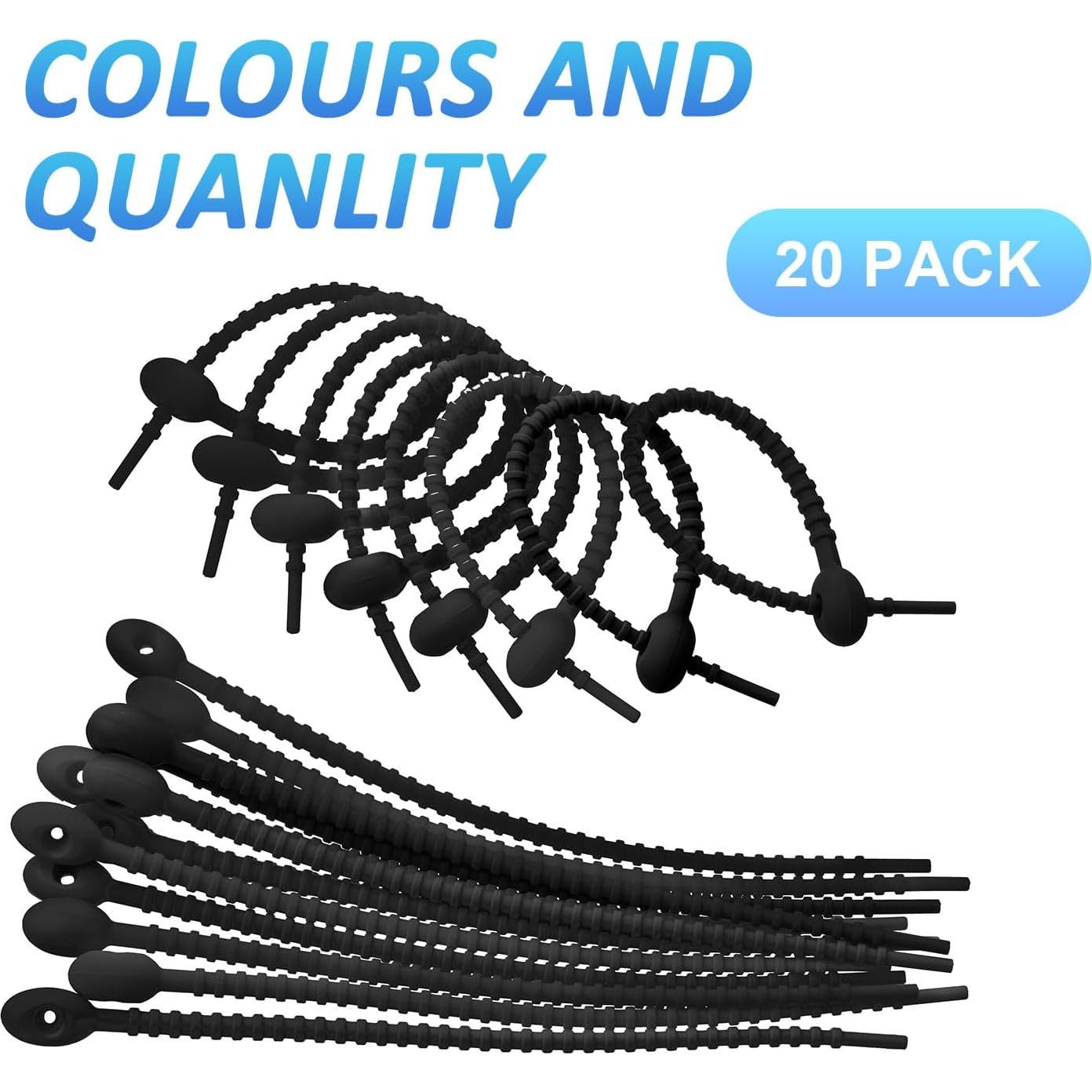 20 Piezas Clips de Silicona Reutilizables Boao 21 cm Negro