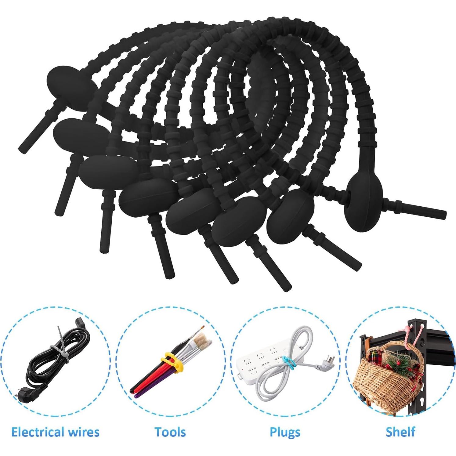 20 Piezas Clips de Silicona Reutilizables Boao 21 cm Negro