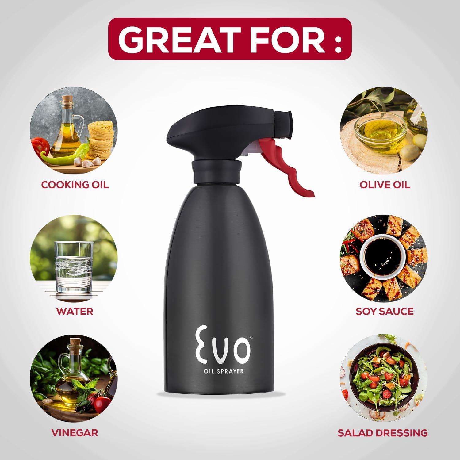 Evo Oil Sprayer 18/8 Stainless Steel, Non-Aerosol for Olive, Cooking Oils, and Vinegars, Black, 16-Ounce Capacity