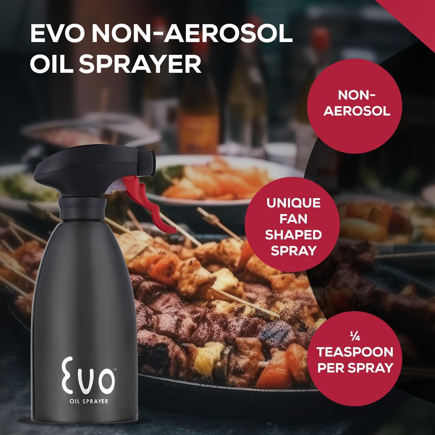 Evo Oil Sprayer 18/8 Stainless Steel, Non-Aerosol for Olive, Cooking Oils, and Vinegars, Black, 16-Ounce Capacity