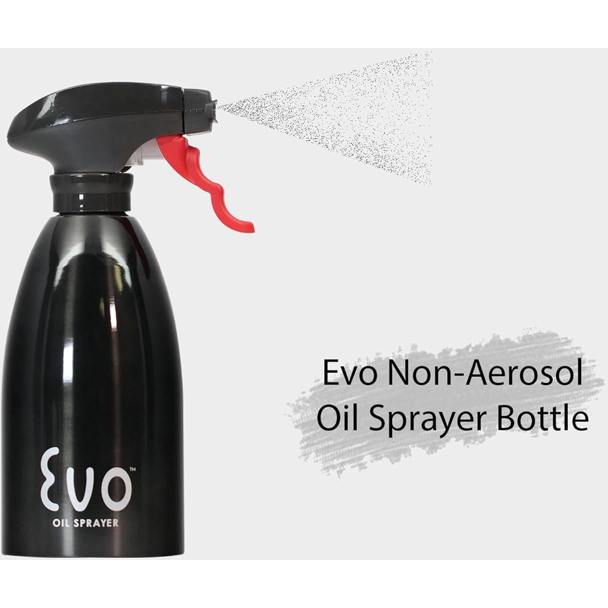Evo Oil Sprayer 18/8 Stainless Steel, Non-Aerosol for Olive, Cooking Oils, and Vinegars, Black, 16-Ounce Capacity