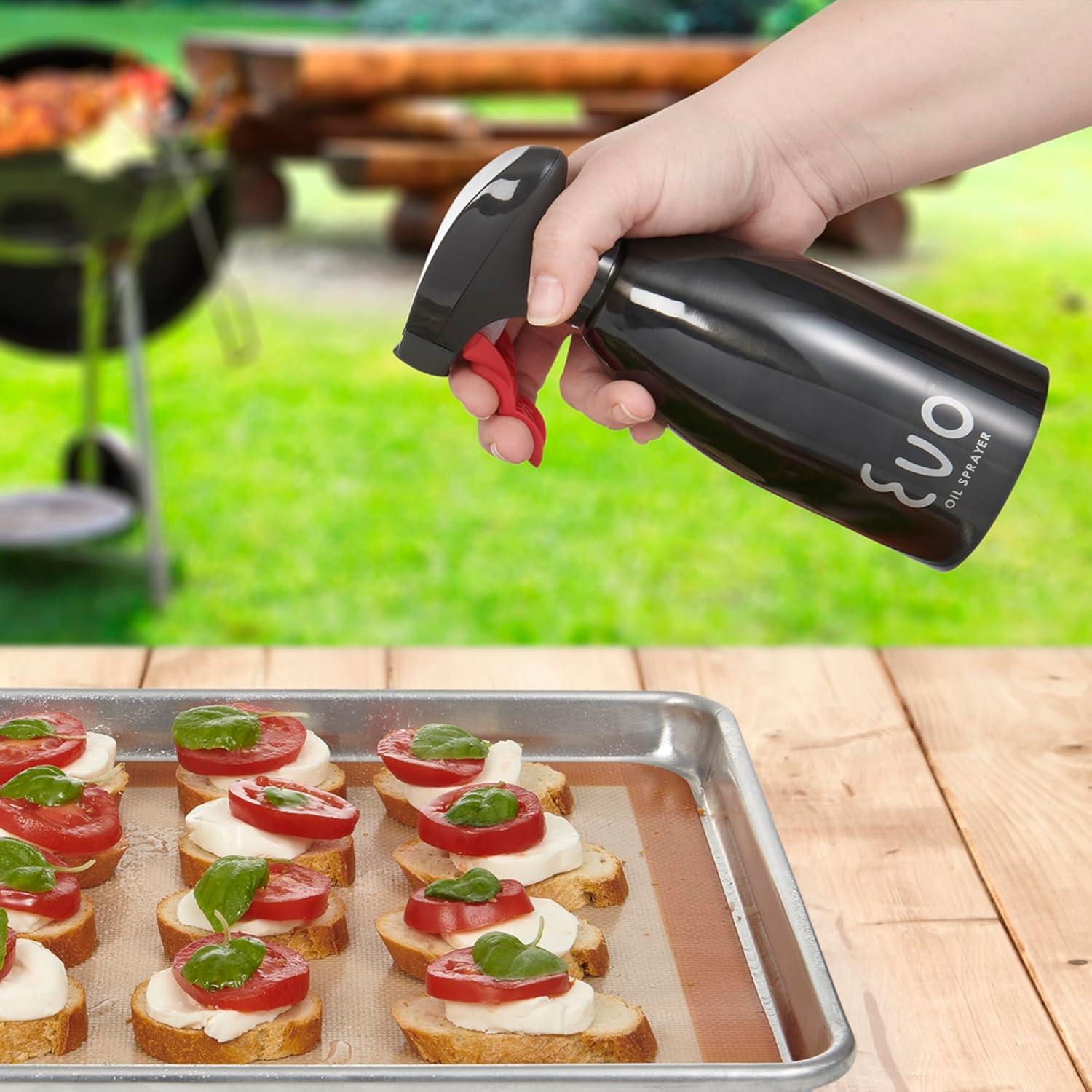 Evo Oil Sprayer 18/8 Stainless Steel, Non-Aerosol for Olive, Cooking Oils, and Vinegars, Black, 16-Ounce Capacity