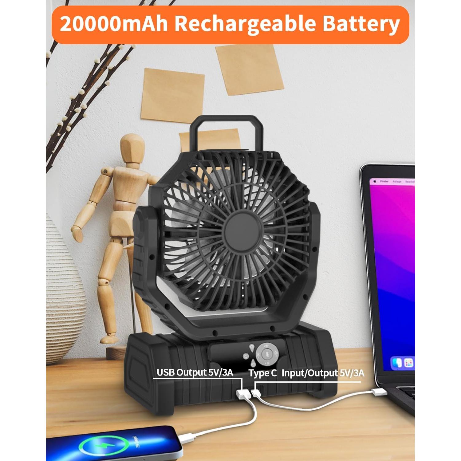 Ventilador Portátil Recargable ADUST F6 con Luz LED 20000mAh