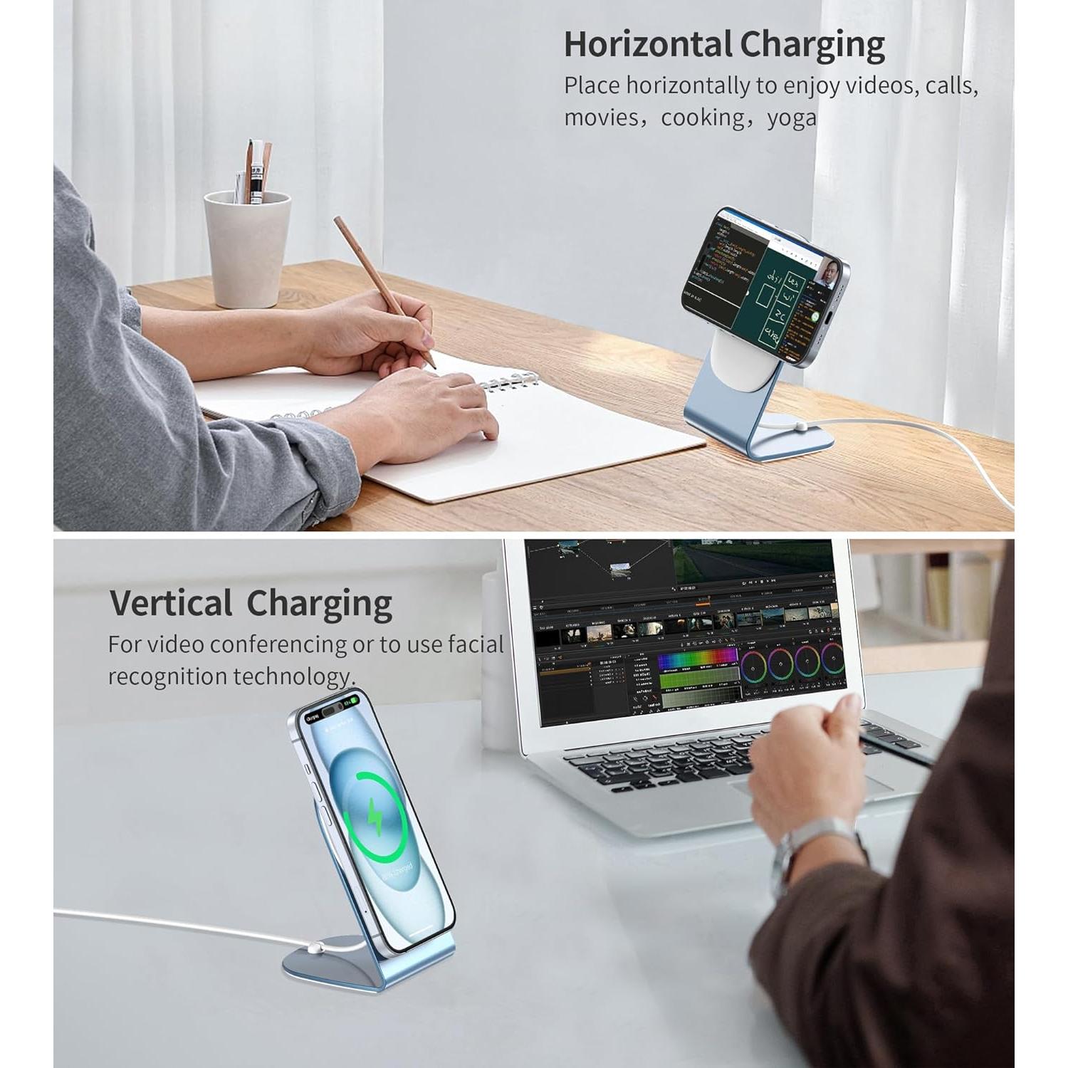 Cargador Inalámbrico Magnético 20W con Soporte Aluminio Azul