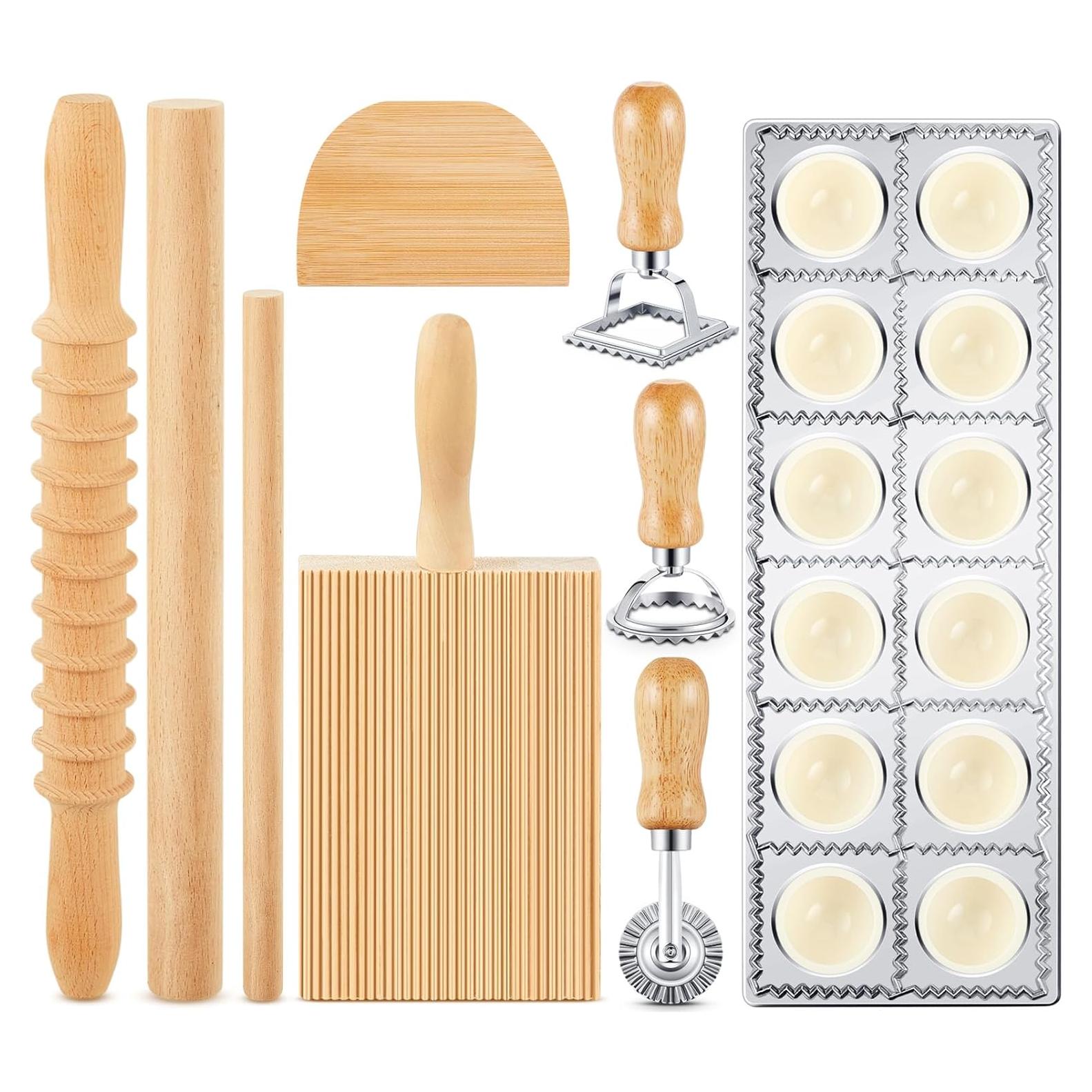 Tioncy 9 Pcs Pasta Making Tool Set Wood Gnocchi Board with Ravioli Mold Raviolo Maker Raviolo Stamp Rolling Pin Gnocco Maker for Christmas Kitchen Bake(Classic Gnocchi Board with Ravioli Mold Set)