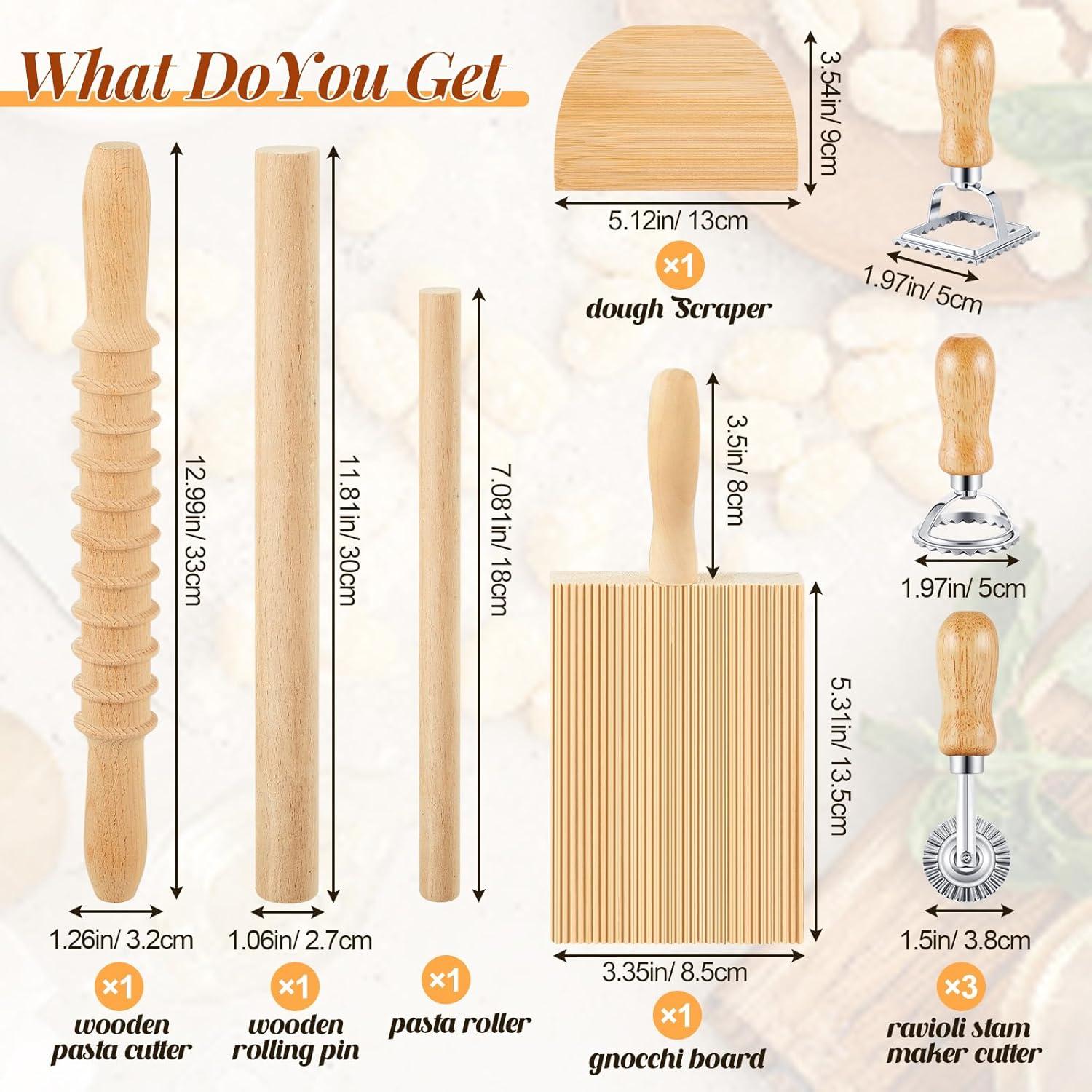 Tioncy 9 Pcs Pasta Making Tool Set Wood Gnocchi Board with Ravioli Mold Raviolo Maker Raviolo Stamp Rolling Pin Gnocco Maker for Christmas Kitchen Bake(Classic Gnocchi Board with Ravioli Mold Set)