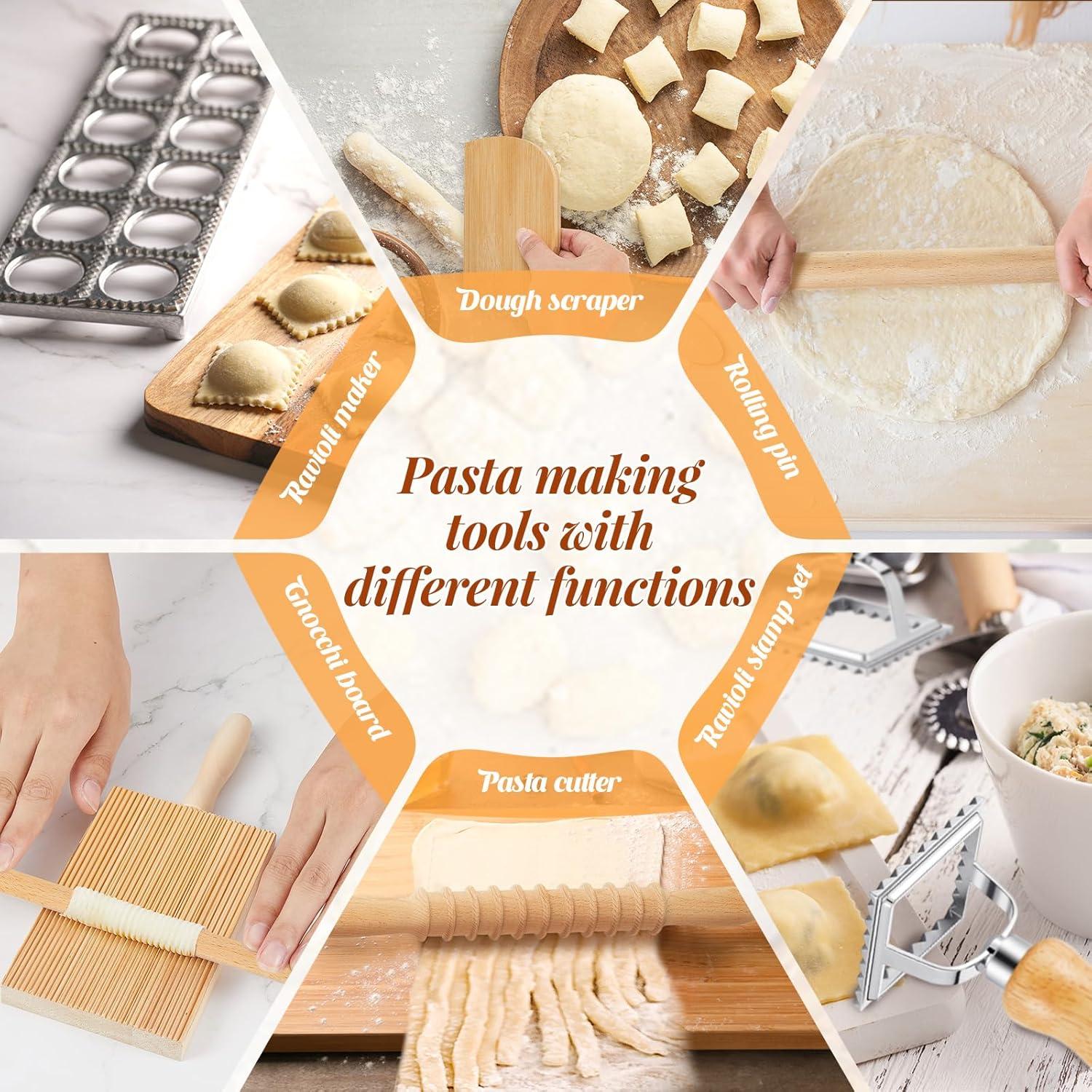 Tioncy 9 Pcs Pasta Making Tool Set Wood Gnocchi Board with Ravioli Mold Raviolo Maker Raviolo Stamp Rolling Pin Gnocco Maker for Christmas Kitchen Bake(Classic Gnocchi Board with Ravioli Mold Set)