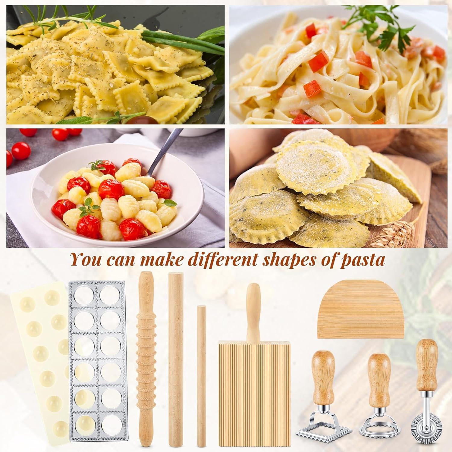Tioncy 9 Pcs Pasta Making Tool Set Wood Gnocchi Board with Ravioli Mold Raviolo Maker Raviolo Stamp Rolling Pin Gnocco Maker for Christmas Kitchen Bake(Classic Gnocchi Board with Ravioli Mold Set)