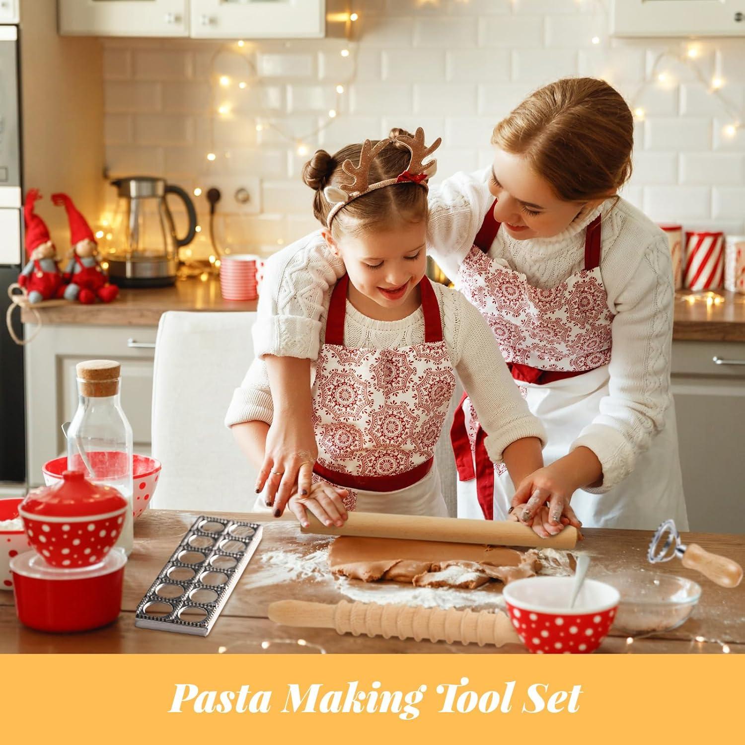 Tioncy 9 Pcs Pasta Making Tool Set Wood Gnocchi Board with Ravioli Mold Raviolo Maker Raviolo Stamp Rolling Pin Gnocco Maker for Christmas Kitchen Bake(Classic Gnocchi Board with Ravioli Mold Set)