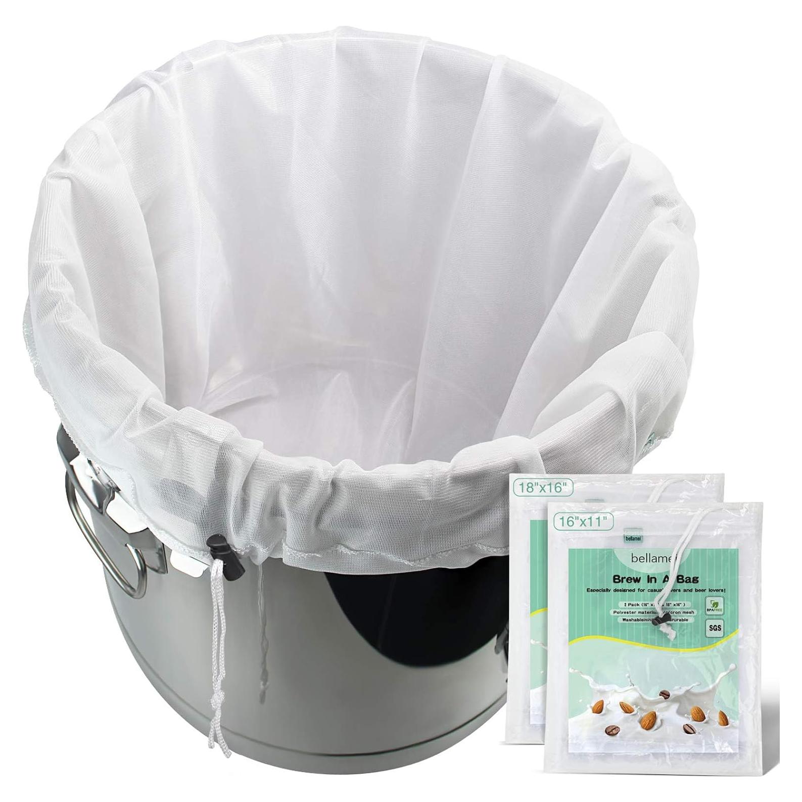 Brew Bags Reusable 2 Pack 250 Micron Fine Mesh Bag for Fruit Cider Apple Grape Wine Press Drawstring Straining Brew in a Bag (2 pack-16"×11"/18"×16")