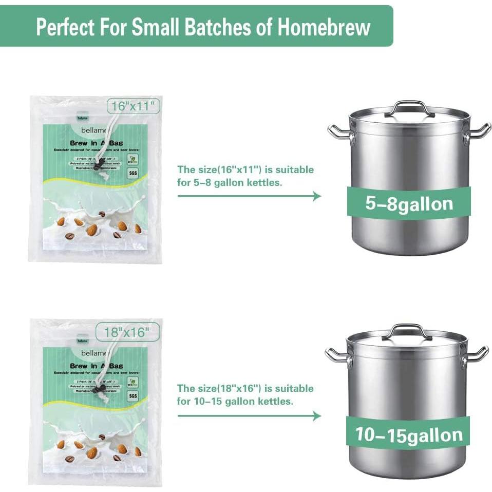 Brew Bags Reusable 2 Pack 250 Micron Fine Mesh Bag for Fruit Cider Apple Grape Wine Press Drawstring Straining Brew in a Bag (2 pack-16"×11"/18"×16")