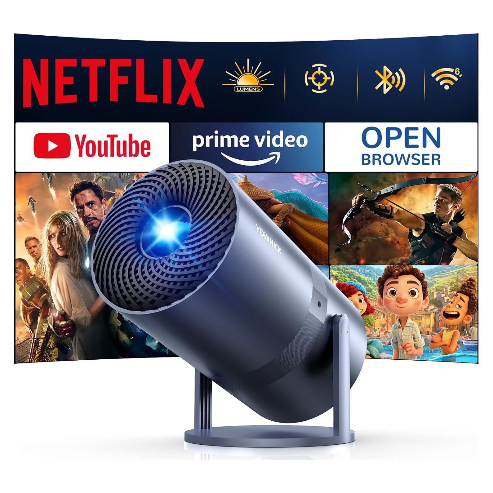 [Netflix Officially & Electric Focus]Mini Projector with WiFi and Bluetooth - 1080P 4K Support Portable Outdoor Projector,YOWHICK 270°Smart Projector for Movie Night/Ceiling /Home Theater (Grey)