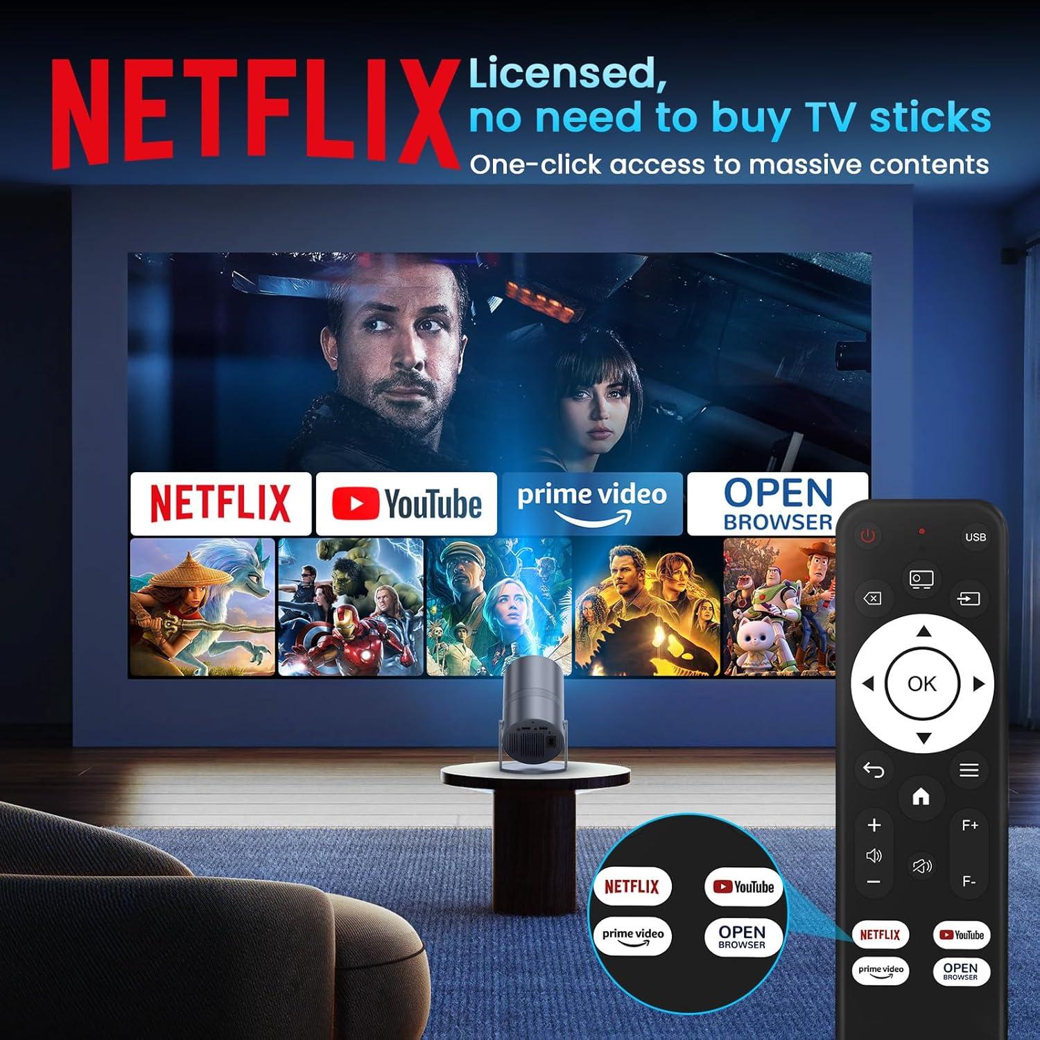 [Netflix Officially & Electric Focus]Mini Projector with WiFi and Bluetooth - 1080P 4K Support Portable Outdoor Projector,YOWHICK 270°Smart Projector for Movie Night/Ceiling /Home Theater (Grey)