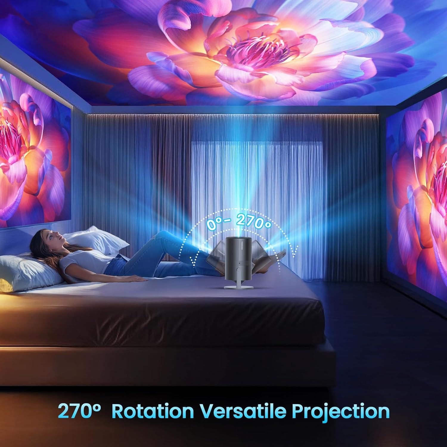 [Netflix Officially & Electric Focus]Mini Projector with WiFi and Bluetooth - 1080P 4K Support Portable Outdoor Projector,YOWHICK 270°Smart Projector for Movie Night/Ceiling /Home Theater (Grey)