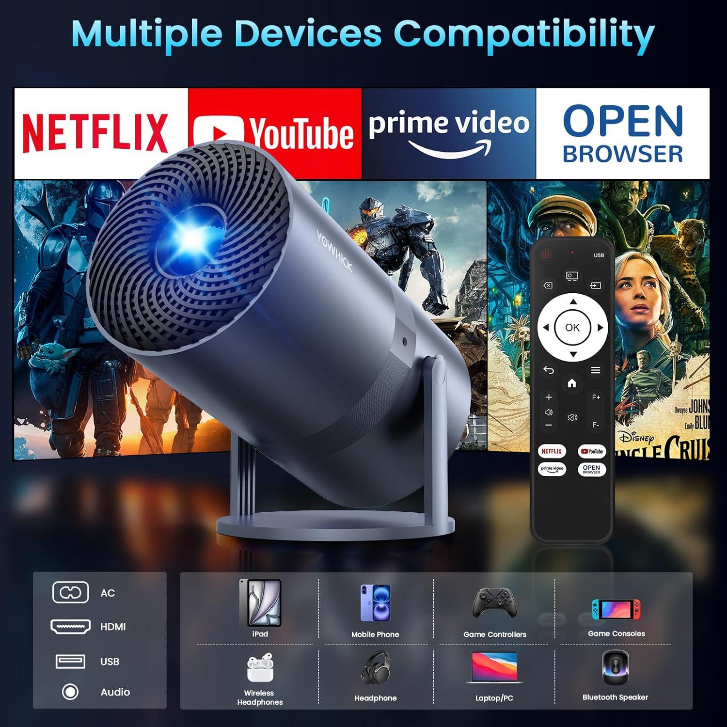 [Netflix Officially & Electric Focus]Mini Projector with WiFi and Bluetooth - 1080P 4K Support Portable Outdoor Projector,YOWHICK 270°Smart Projector for Movie Night/Ceiling /Home Theater (Grey)