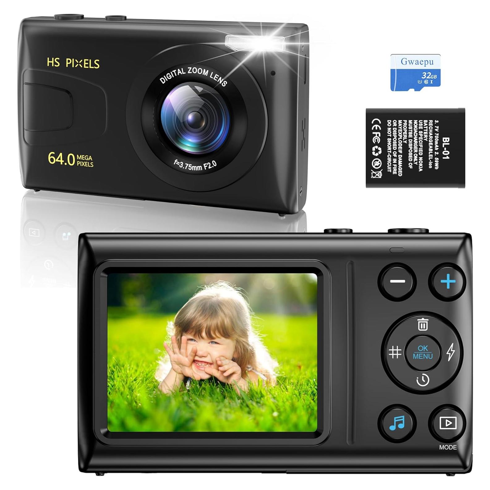 4K Digital Camera for Photography: 64MP Autofocus Compact Portable Digicam Point and Shoot Camera for Vlogging with 18X Zoom and 32GB TF Card Gift for Kids Teens Boys and Girls Black