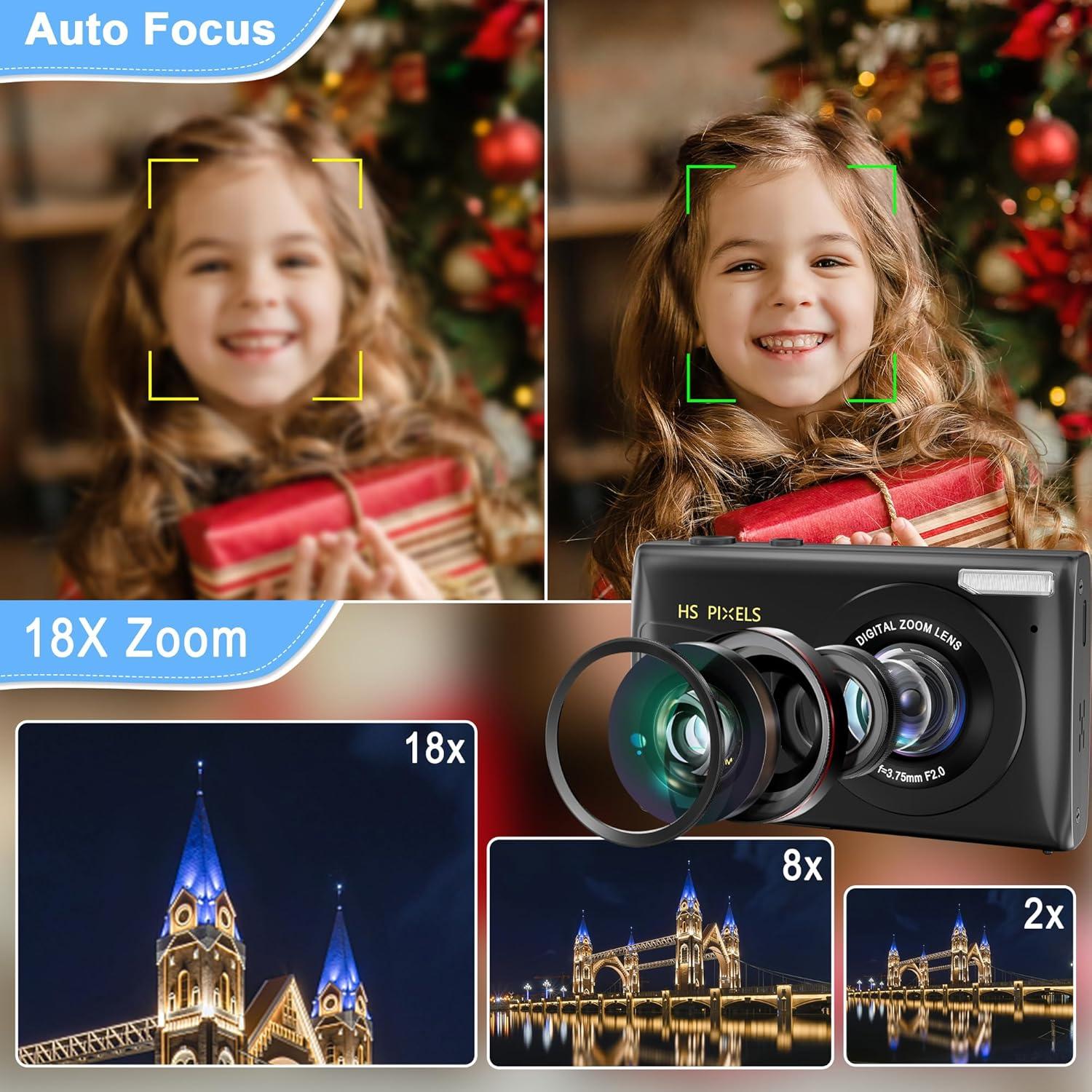 4K Digital Camera for Photography: 64MP Autofocus Compact Portable Digicam Point and Shoot Camera for Vlogging with 18X Zoom and 32GB TF Card Gift for Kids Teens Boys and Girls Black