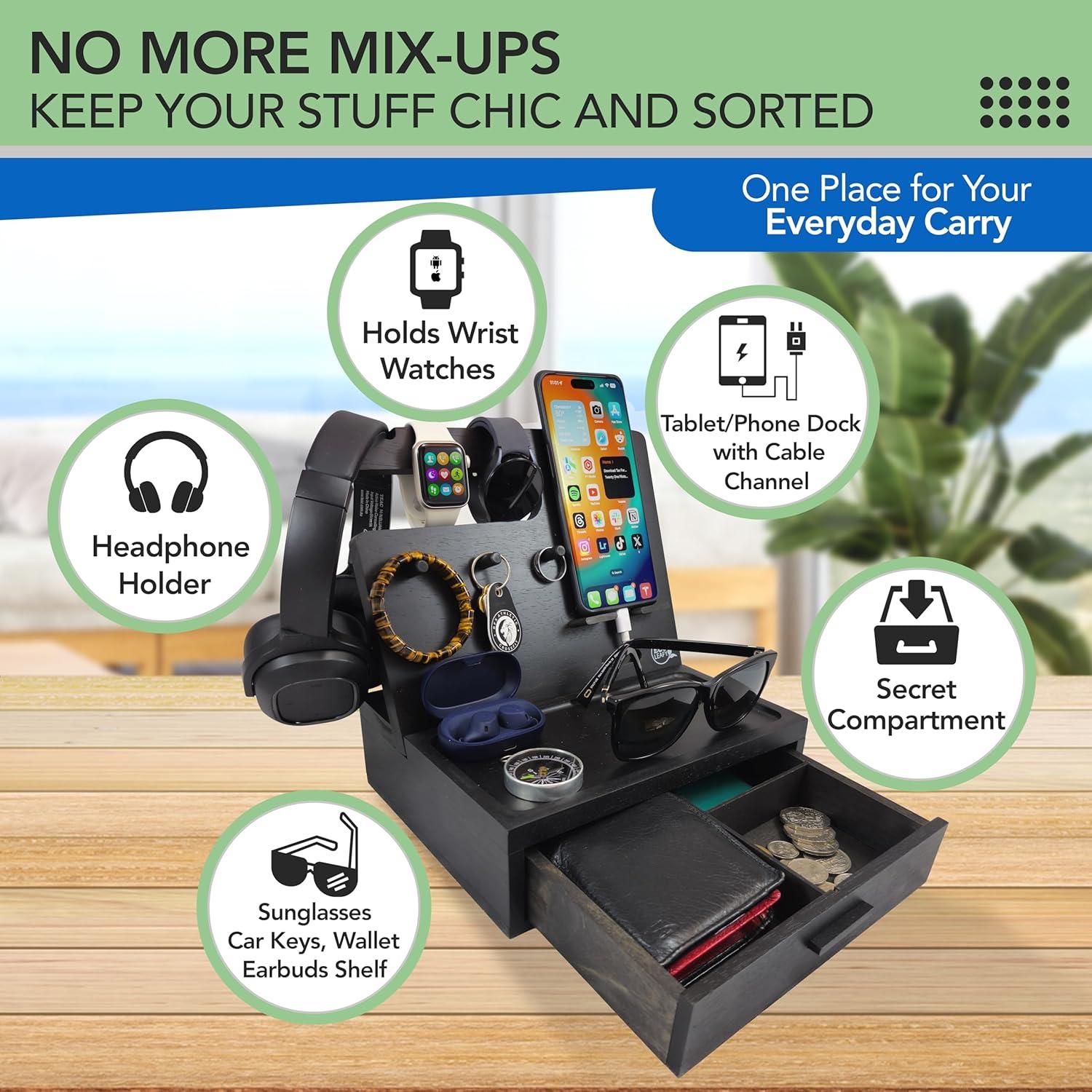 Organizador de Mesita de Noche EcoLeafy - Madera Sostenible Negra