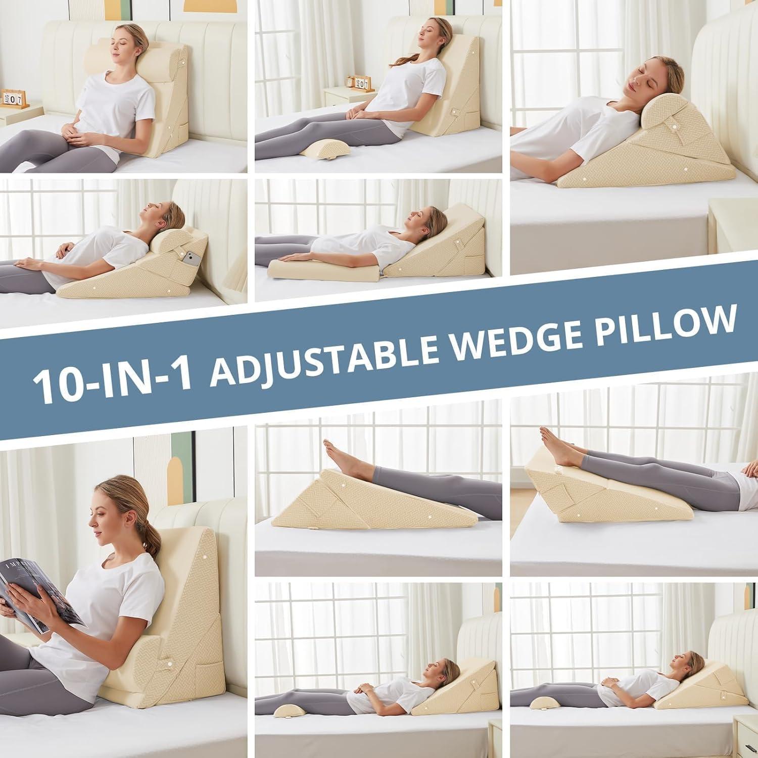Sasttie Wedge Pillow Set for After Surgery, Adjustable Bed Wedge Pillow Headboard with Orthopedic Memory Foam Neck Cushion – for Acid Reflux, Sleeping, Neck & Back Support, Beige